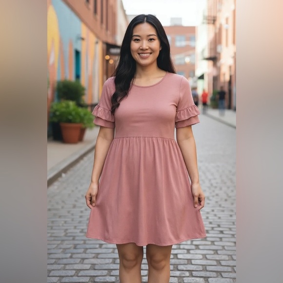 FSL APPAREL Size 2X Pink Flowy Knit Fit And Flare Dress Ruffle Sleeve Pockets - Picture 1 of 9